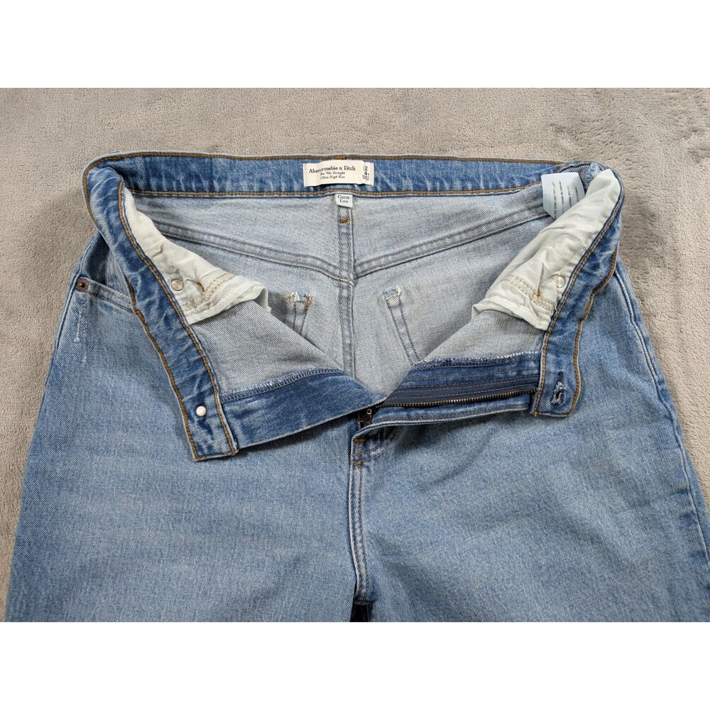 Abercrombie & Fitch Curve Love 90s Straight Jeans 32/14S High Rise Raw Hem Blue - Picture 4 of 11